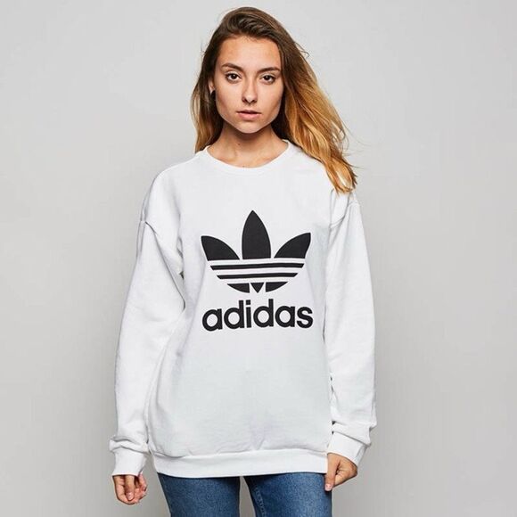 Adidas Originals White Cozy Trefoil Crewneck Sweatshirt With Pockets Size Medium - Picture 1 of 16